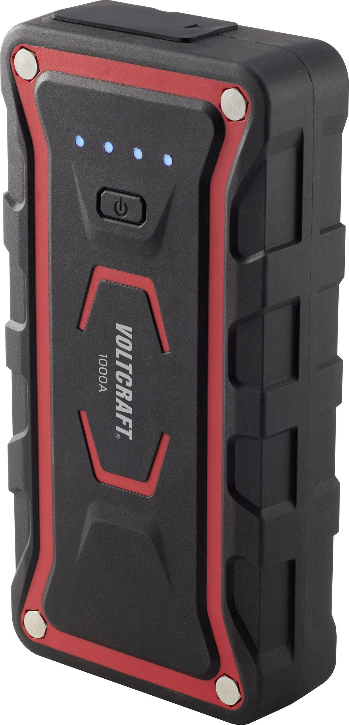 Ein schwarzer und roter tragbarer Jump Starter mit der Marke 'Voltcraft' auf der Vorderseite und fünf leuchtenden LED-Anzeigen.