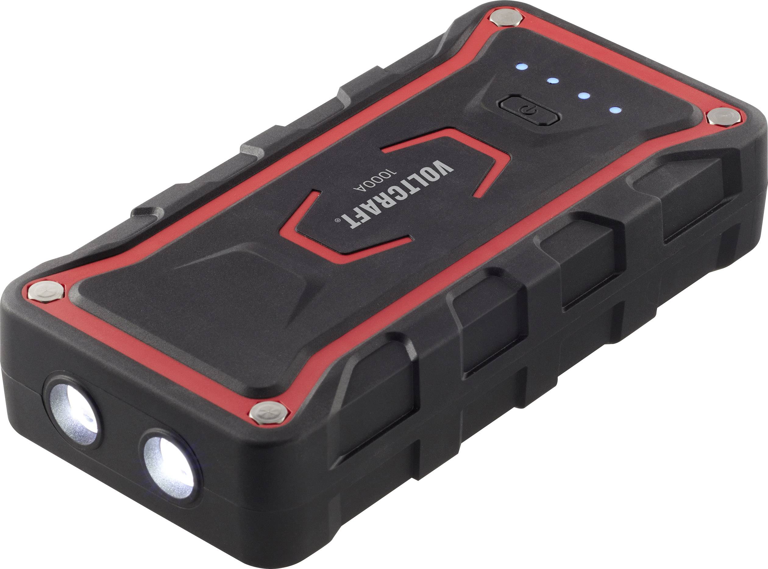 Schwarzes und rotes tragbares Ladegerät mit zwei eingebauten Taschenlampen und vier blauen LED-Anzeigen auf der Oberseite.