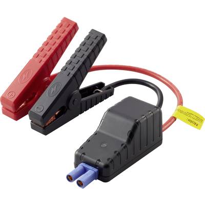 Rotes und schwarzes Starthilfekabel mit Klemmen zum Verbinden von Autobatterien.