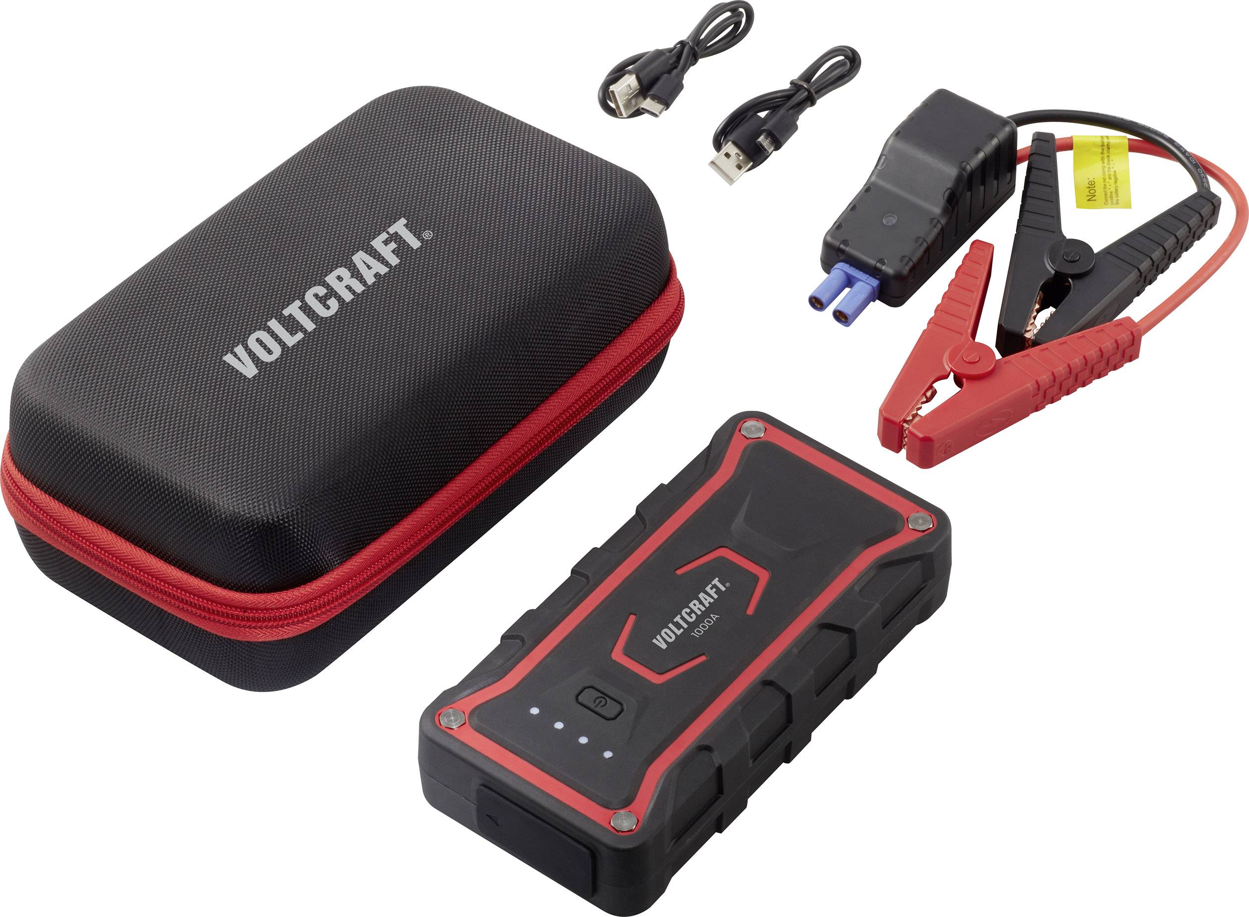 Tragbares Auto-Starthilfegerät der Marke Voltcraft mit Ladegerät, Kabeln und Schutztasche. Ideal für Notfälle und mobile Stromversorgung.