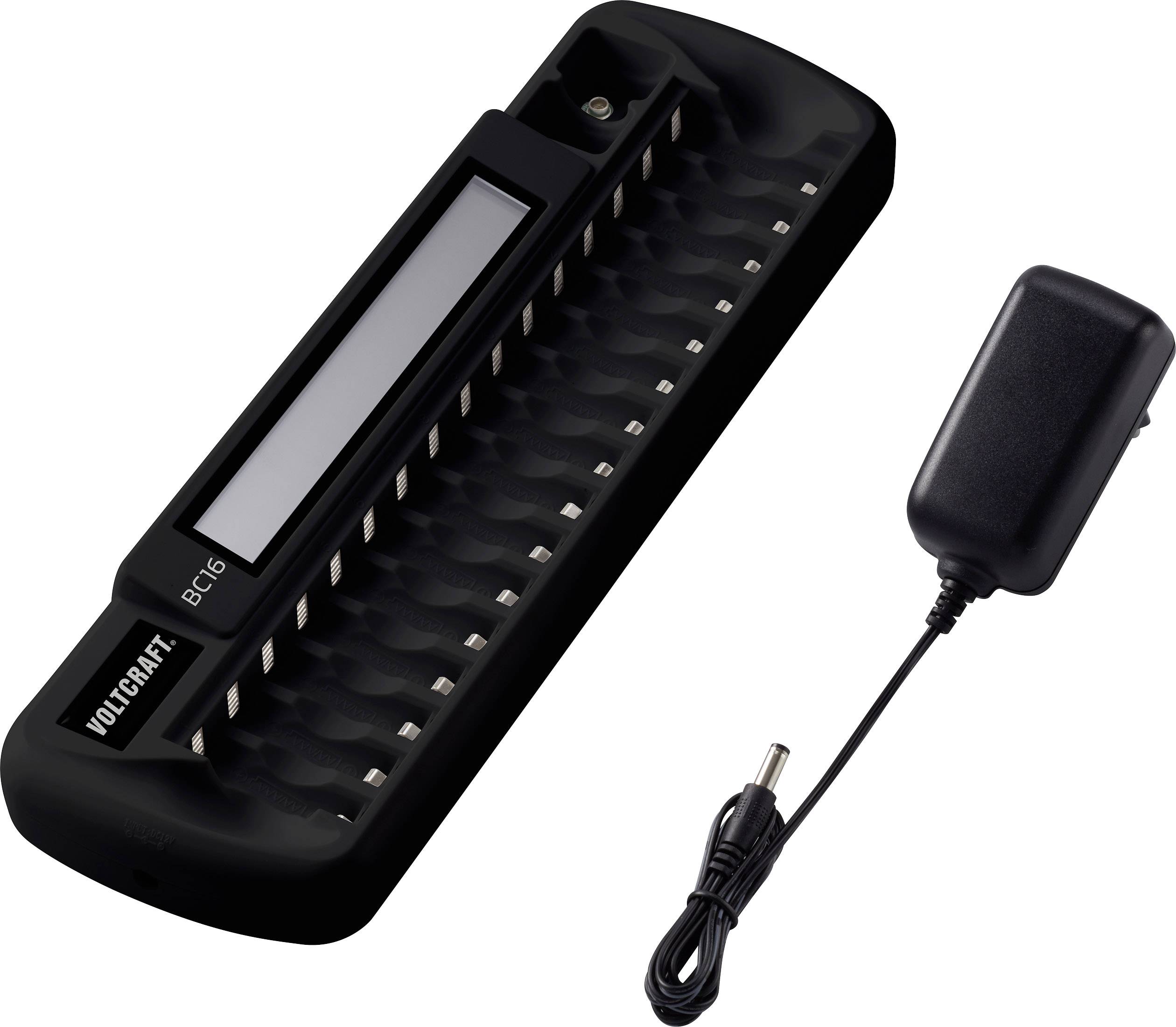 Ladegerät VOLTCRAFT BCG16 mit einer Reihe von Steckplätzen für verschiedene Batterien, abgebildet mit einem dazugehörigen Netzteil.