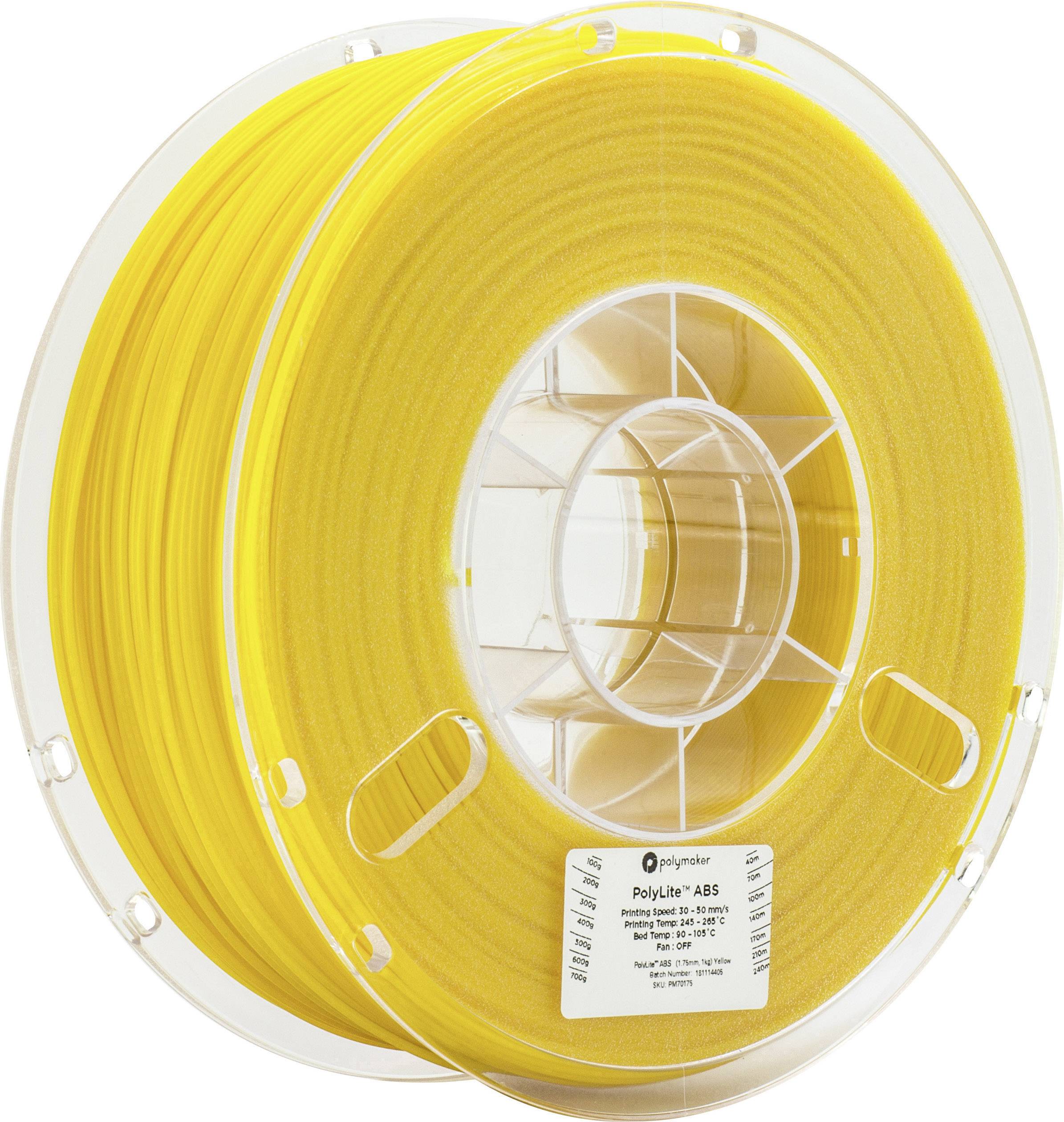 Gelbe Spule mit ABS-Filament für 3D-Drucker, transparentes Gehäuse, Etikett mit Spezifikationen sichtbar.