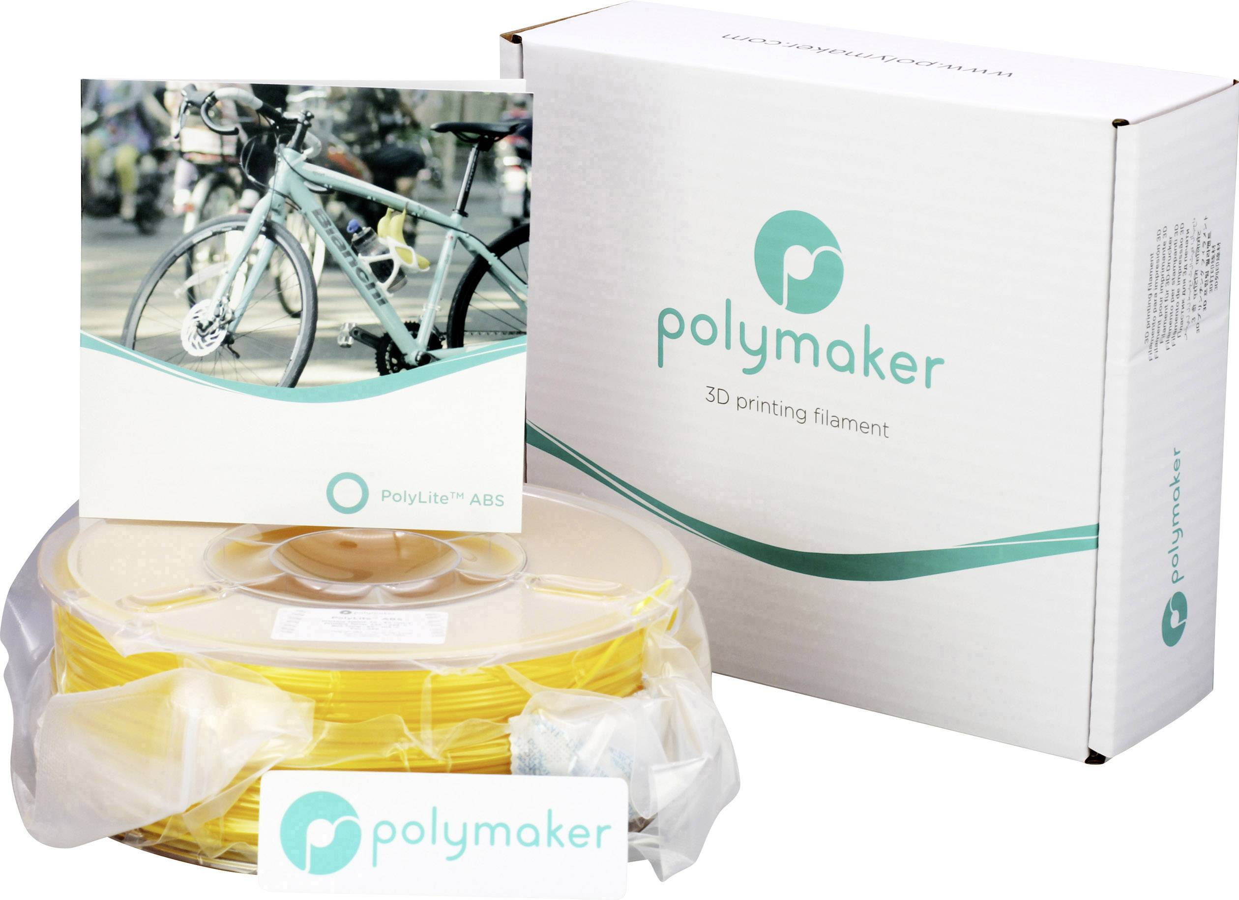 Verpackung eines Polymaker 3D-Druckfilaments aus PolyLite ABS in Gelb, neben einem Polymaker-Markenaufkleber und einer Fahrradabbildung.