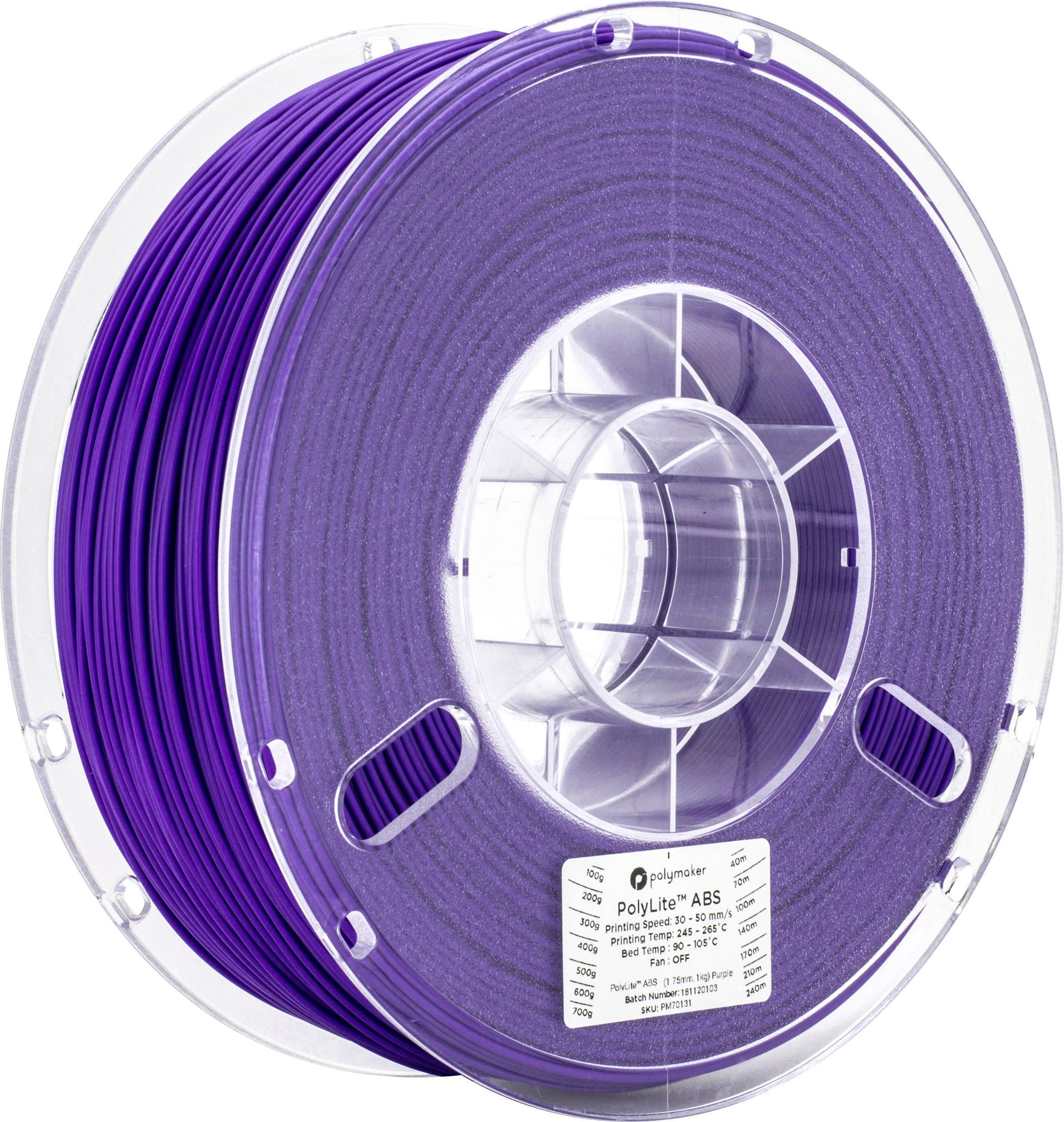Eine Spule mit lila 3D-Druckfilament aus ABS-Kunststoff. Die Spule ist transparent und zeigt das dichte Aufwickeln des Filaments.