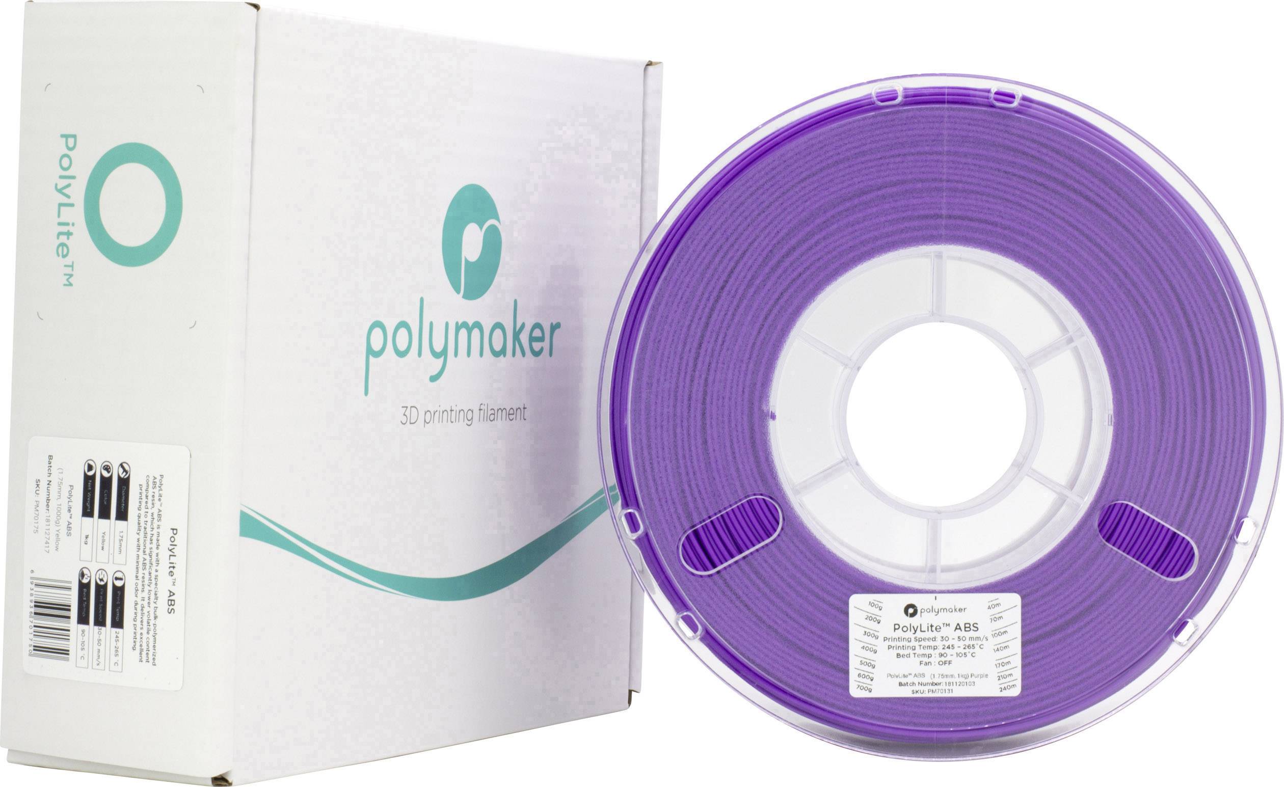 Kartonverpackung und violettes 3D-Druck-Filament der Marke Polymaker. Die Verpackung zeigt das Logo und die Produktinformationen.
