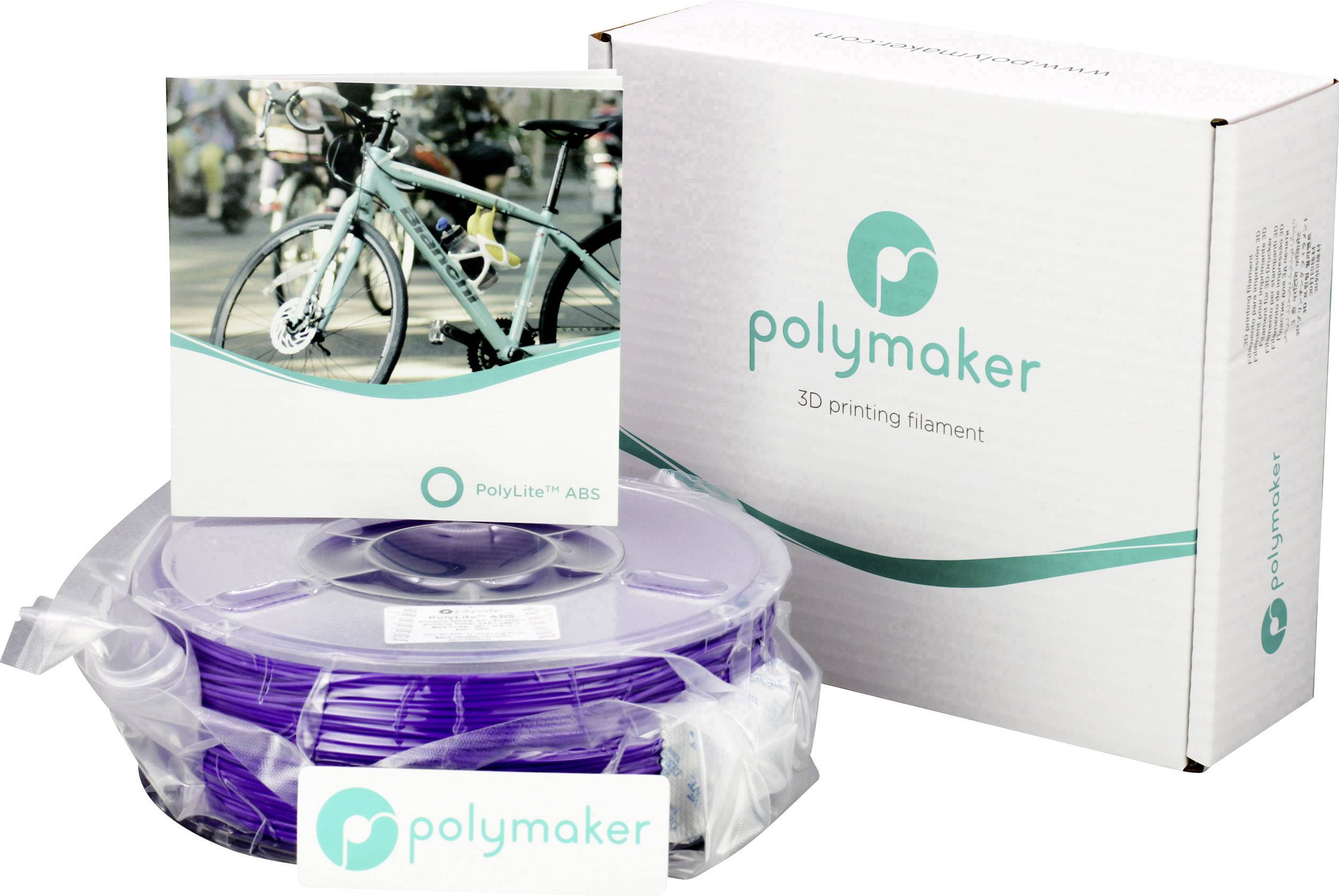 Lila 3D-Druckerfilament von Polymaker, verpackt in einer weißen Box. Das Firmenlogo und ein Fahrradbild sind zu sehen.