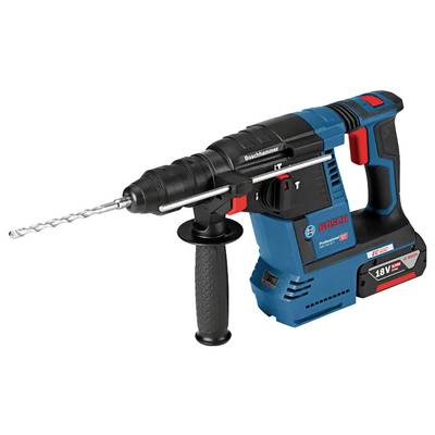 Ein blau-schwarzer Bosch Bohrhammer mit angesetztem Bohrer, ausgestattet mit einem ergonomischen Griff und einem 18V wiederaufladbaren Akku.