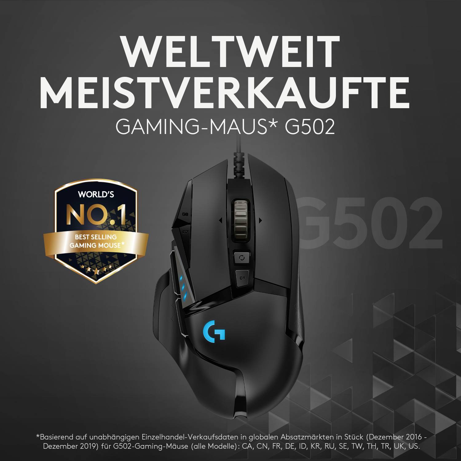 'Weltweit meistverkaufte Gaming-Maus G502, World's No.1 Best Selling Gaming Mouse.'
