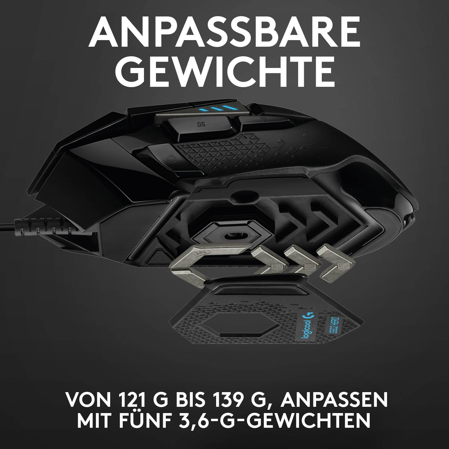 Computergaming-Maus mit anpassbaren Gewichten, 121 g bis 139 g, fünf 3,6-g-Gewichte zur Gewichtsanpassung.