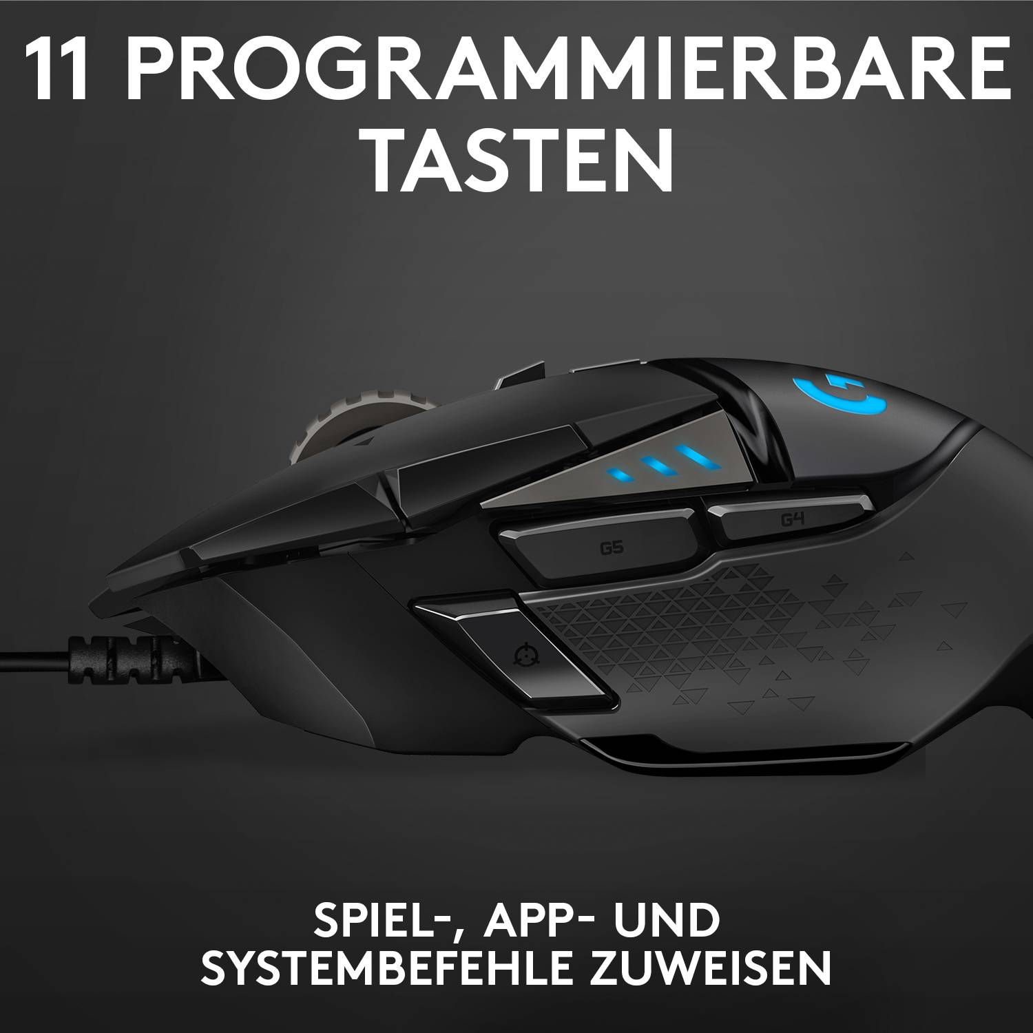 Schwarze Gaming-Maus mit blauen Lichtern und elf programmierbaren Tasten. Text: '11 programmierbare Tasten' und 'Spiel-, App- und Systembefehle zuweisen'.