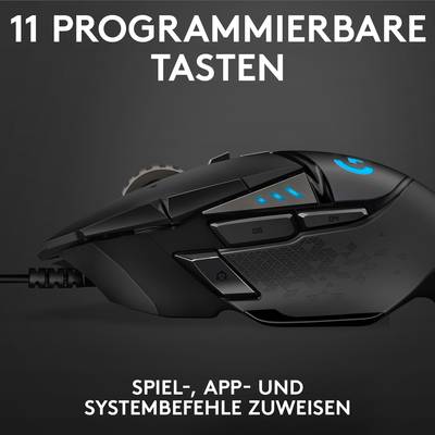 Schwarze Gaming-Maus mit blauen Lichtern und elf programmierbaren Tasten. Text: '11 programmierbare Tasten' und 'Spiel-, App- und Systembefehle zuweisen'.