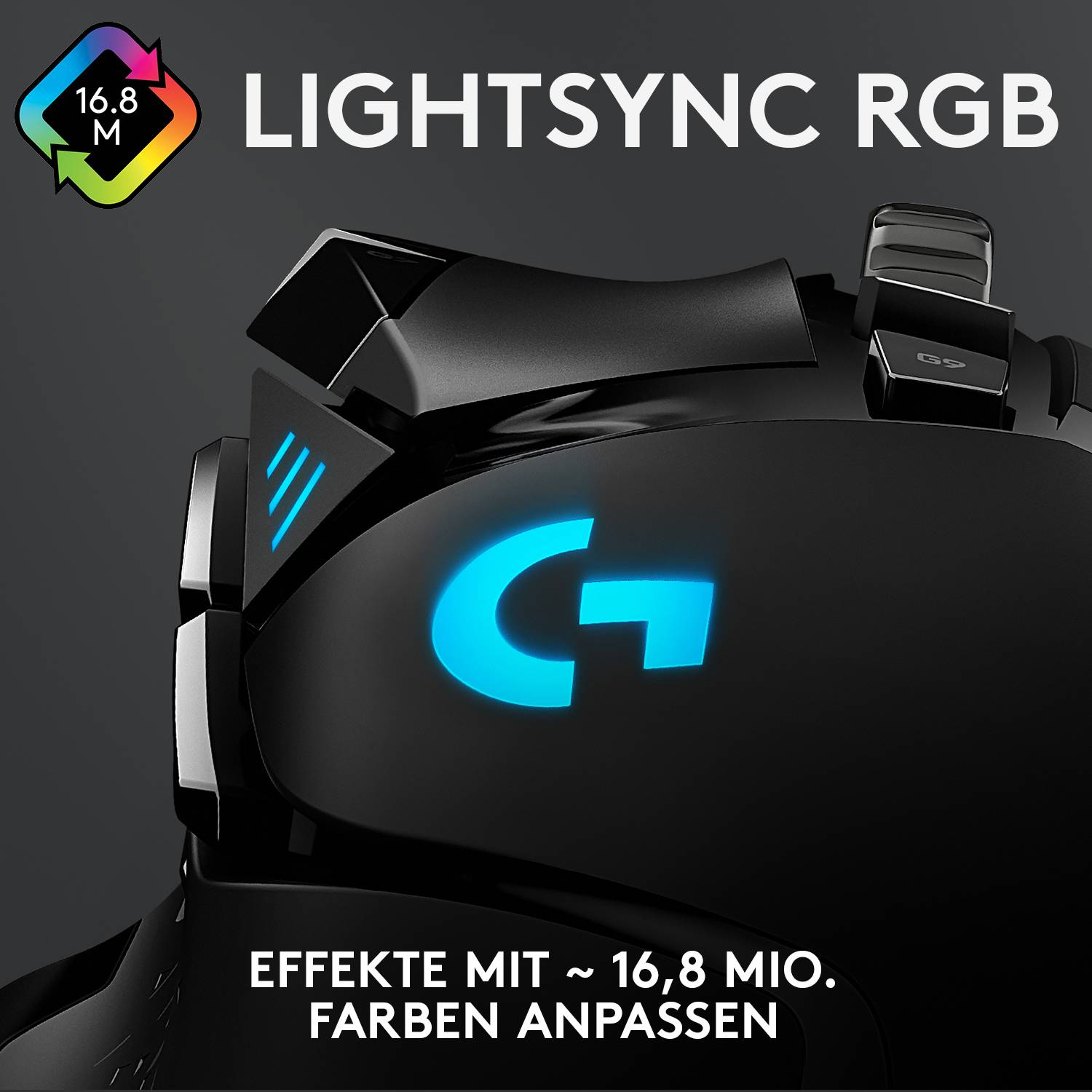 Eine Gaming-Maus mit leuchtendem 'G'-Logo und 'LIGHTSYNC RGB'-Funktion. Hinweis auf 16,8 Mio. anpassbare Farben.