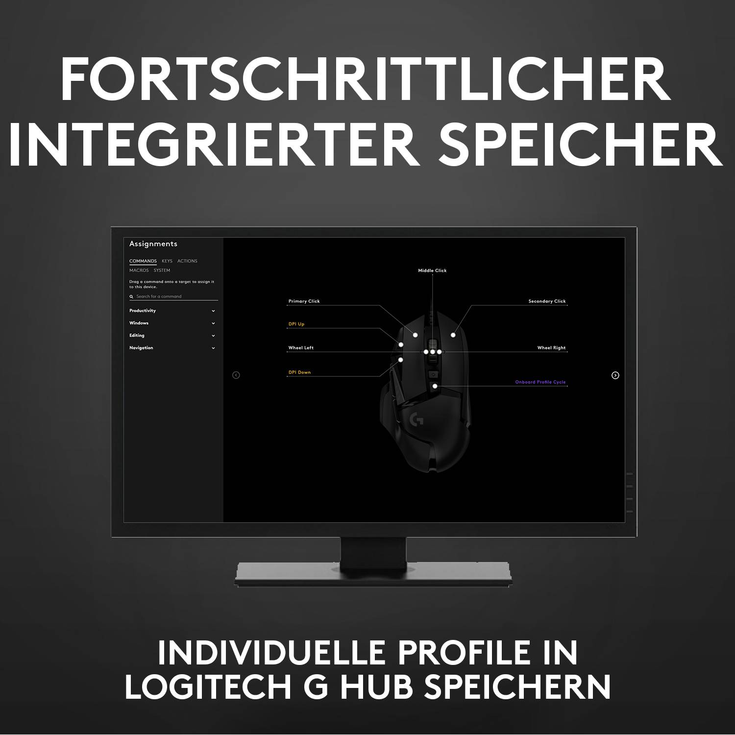 Das Bild zeigt einen Monitor mit der Logitech G Hub-Software, die das Speichern individueller Profile für einen fortschrittlichen integrierten Speicher ermöglicht.