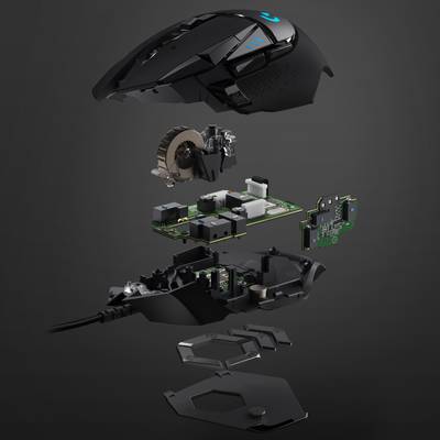 Explodierte Ansicht einer Gaming-Maus zeigt innere Komponenten: Oberschale, Sensoren, Tastenmechanismus, Leiterplatte und Kabel.