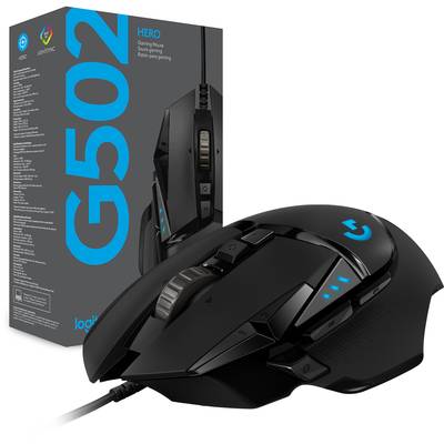 Gaming-Maus Logitech G502 Hero, abgebildet neben ihrer Verpackung. Schwarzes Design mit mehreren Tasten und einem Scrollrad.