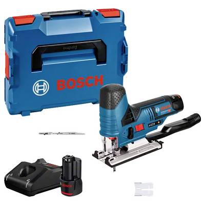 Bosch Stichsägen-Set mit Aufbewahrungskoffer, Akku und Ladegerät. Beinhaltet Stichsägeblatt und Zubehör, zum Schneiden von Holz und anderen Materialien.