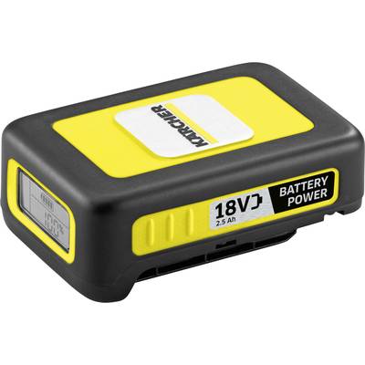 Schwarze und gelbe 18V Batterie von Kärcher mit 2,5 Ah Kapazität, seitlich eine digitale Anzeige.