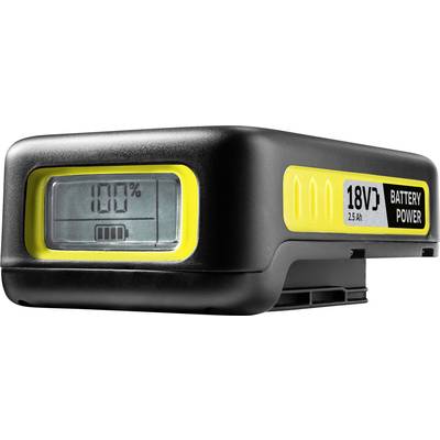 Ein Akku mit einer digitalen Anzeige, die '100%' zeigt, und der Aufschrift '18V 2,5 Ah BATTERY POWER'.