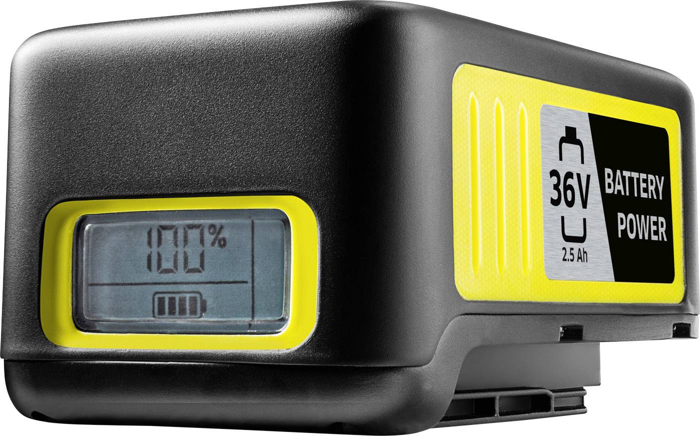 Schwarzer und gelber Akkublock mit digitaler Anzeige, die 80% Ladung zeigt. Etikett mit Angabe: '36V, 2.5 Ah, Battery Power'.
