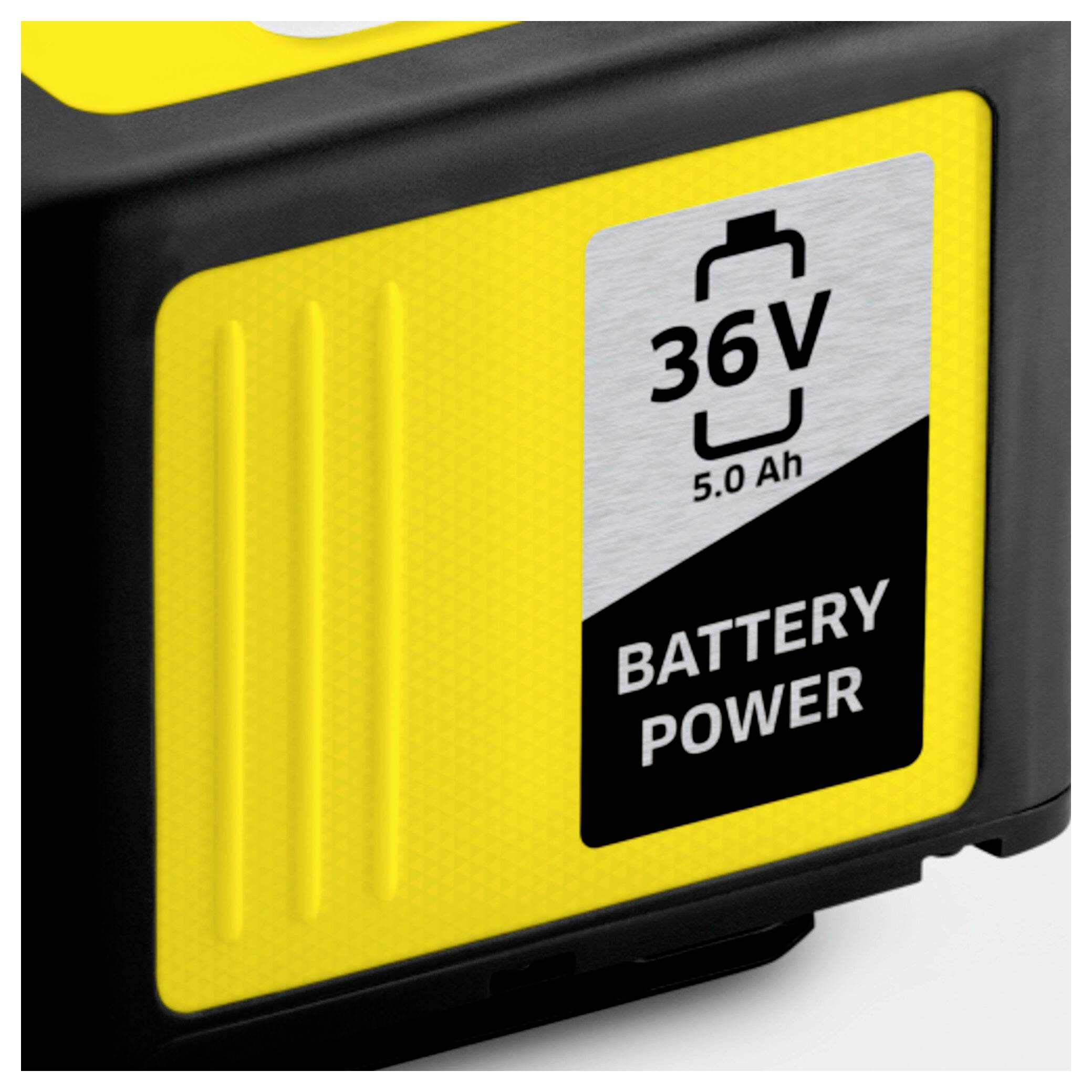 Gelber und schwarzer Akkupack mit der Beschriftung "36V 5.0 Ah BATTERY POWER" und einem Batteriesymbol.