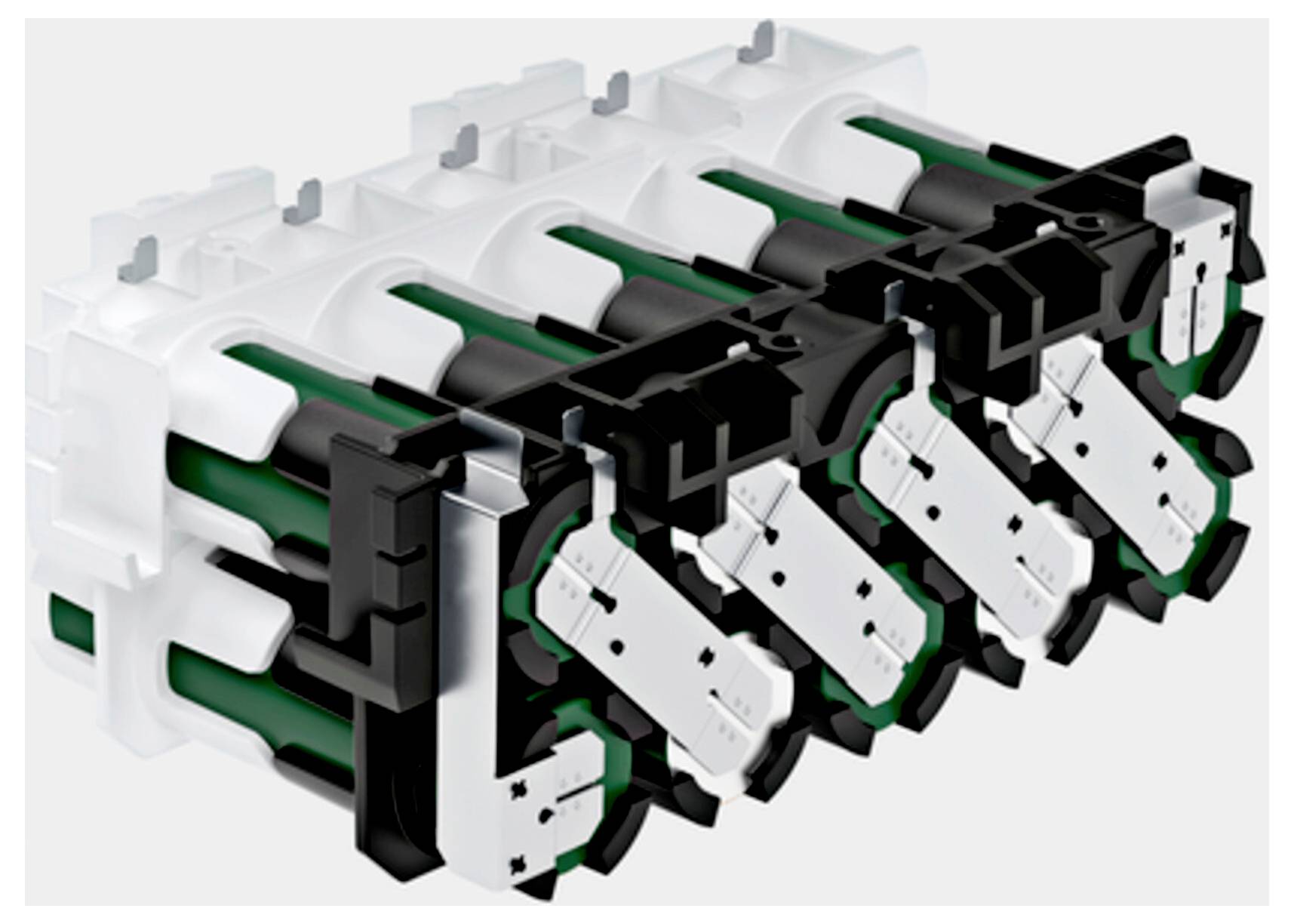 Eine detaillierte Ansicht eines Mehrfachanschlussblocks mit einer Reihe von miteinander verbundenen weißen, schwarzen und grünen Komponenten, die in parallelen Reihen angeordnet sind.