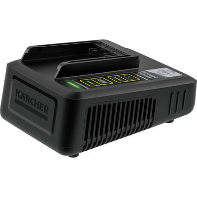 Ladegerät für Kärcher-Batterien, schwarzes Gehäuse mit LED-Anzeige für den Ladezustand. Markenlogo auf der Seite.