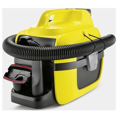 Ein gelber und schwarzer industrieller Staubsauger mit einem flexiblen Schlauch wird vor einem weißen Hintergrund gezeigt.