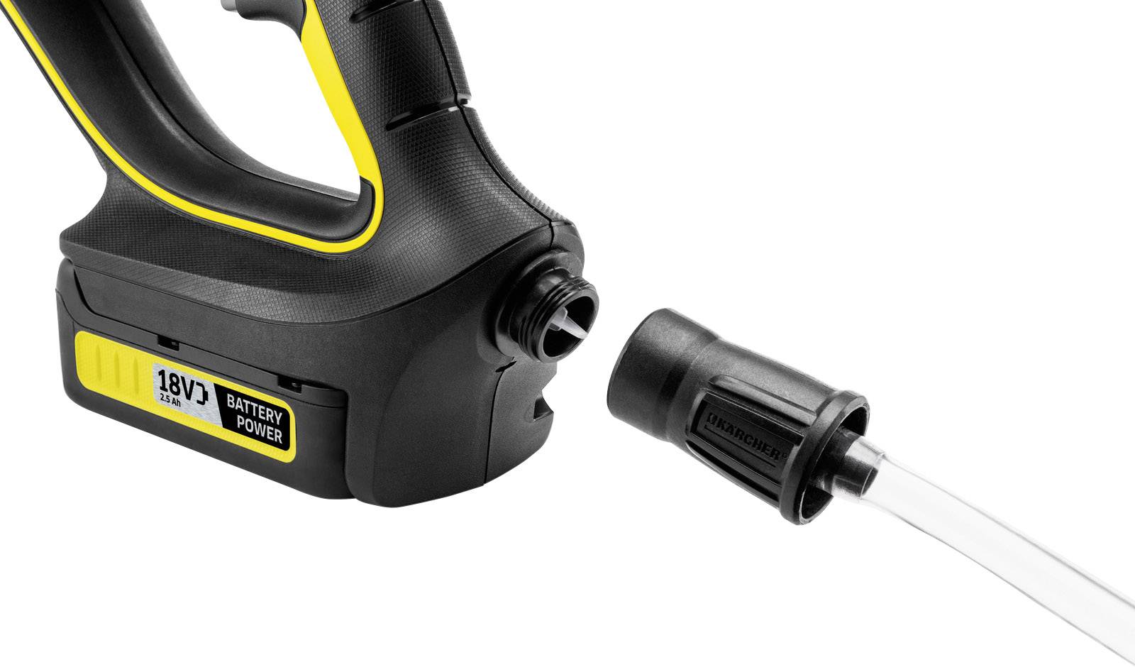 Akkubetriebener Hochdruckreinigergriff mit Schlauchanschluss, gelb-schwarzes Design, 18V Batteriehinweis.