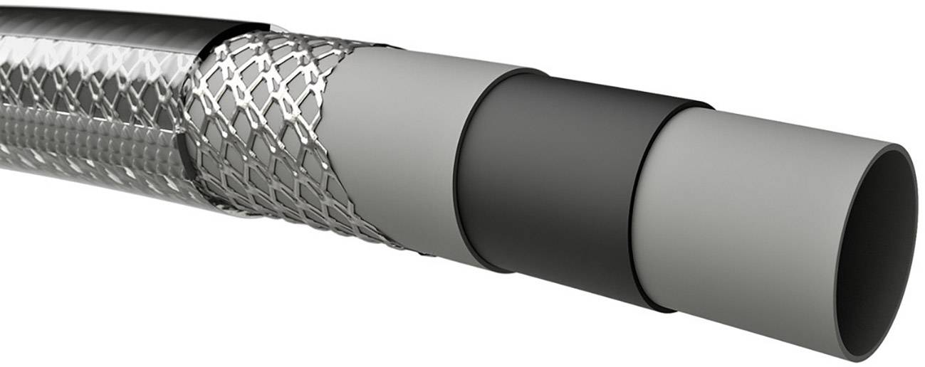 Nahaufnahme eines verstärkten Metall-Industrieschlauchs mit mehreren Schichten. Zeigt Struktur und Bauweise des Schlauchs.