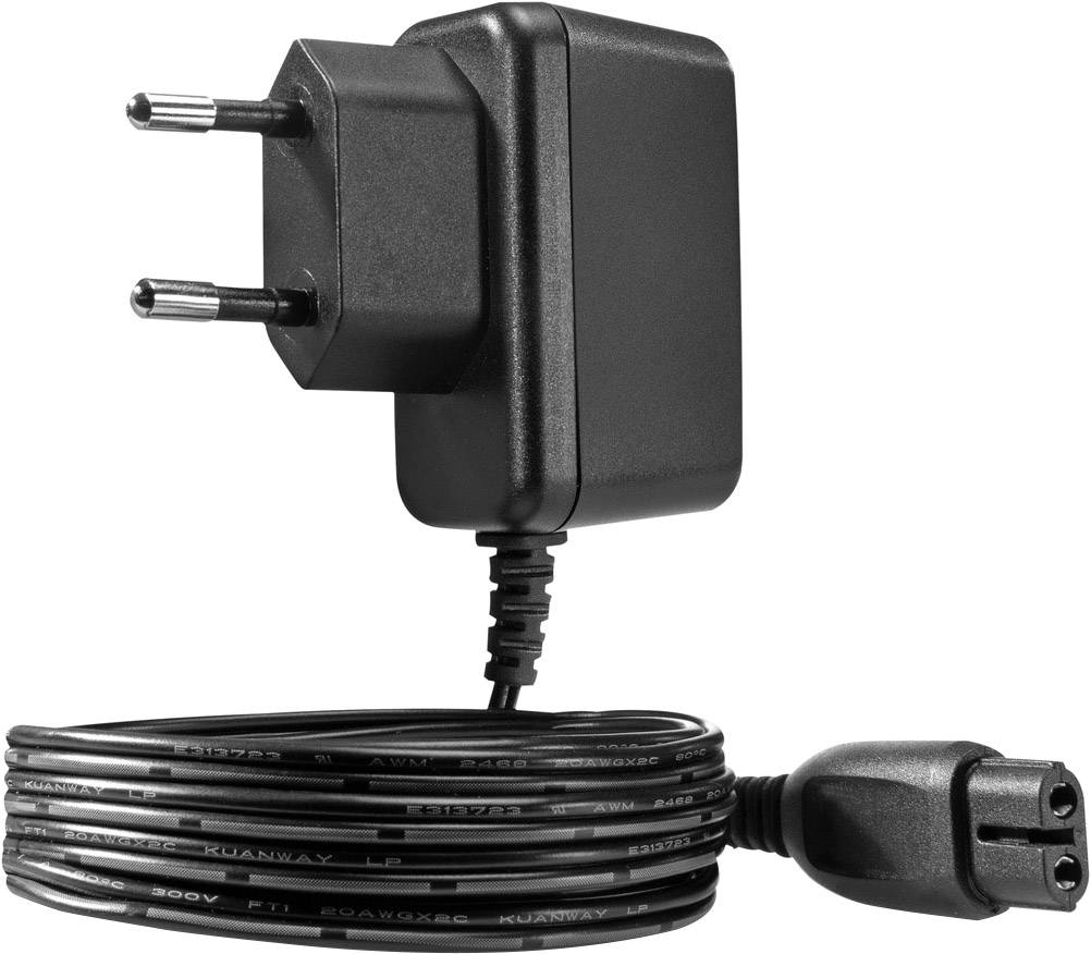 Ein schwarzes Netzteil mit EU-Stecker, verbunden mit einem langen, aufgewickelten Kabel und einem Steckverbinder am Ende.