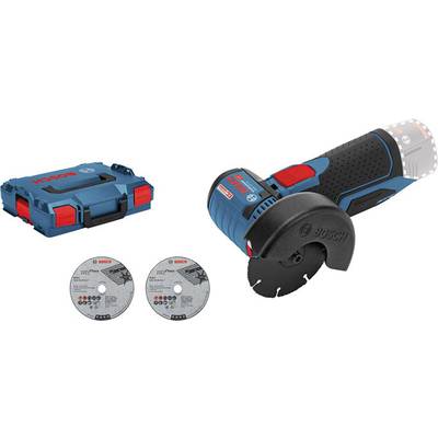 Ein kabelloses Schleifgerät von Bosch mit zwei Schleifscheiben und einem blauen Werkzeugkoffer. Ideal für präzise Schleifarbeiten.