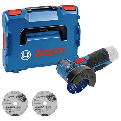 Bosch Akkuwinkelschleifer-Set in blauem Transportkoffer mit zwei Trennscheiben wie unten abgebildet.