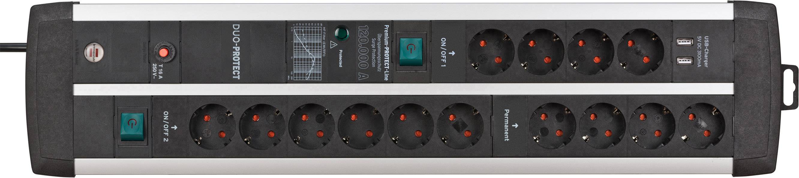 Schwarze Steckdosenleiste mit zwölf Steckplätzen, zwei USB-Anschlüssen und Hauptschalter, geeignet für elektronische Geräte.