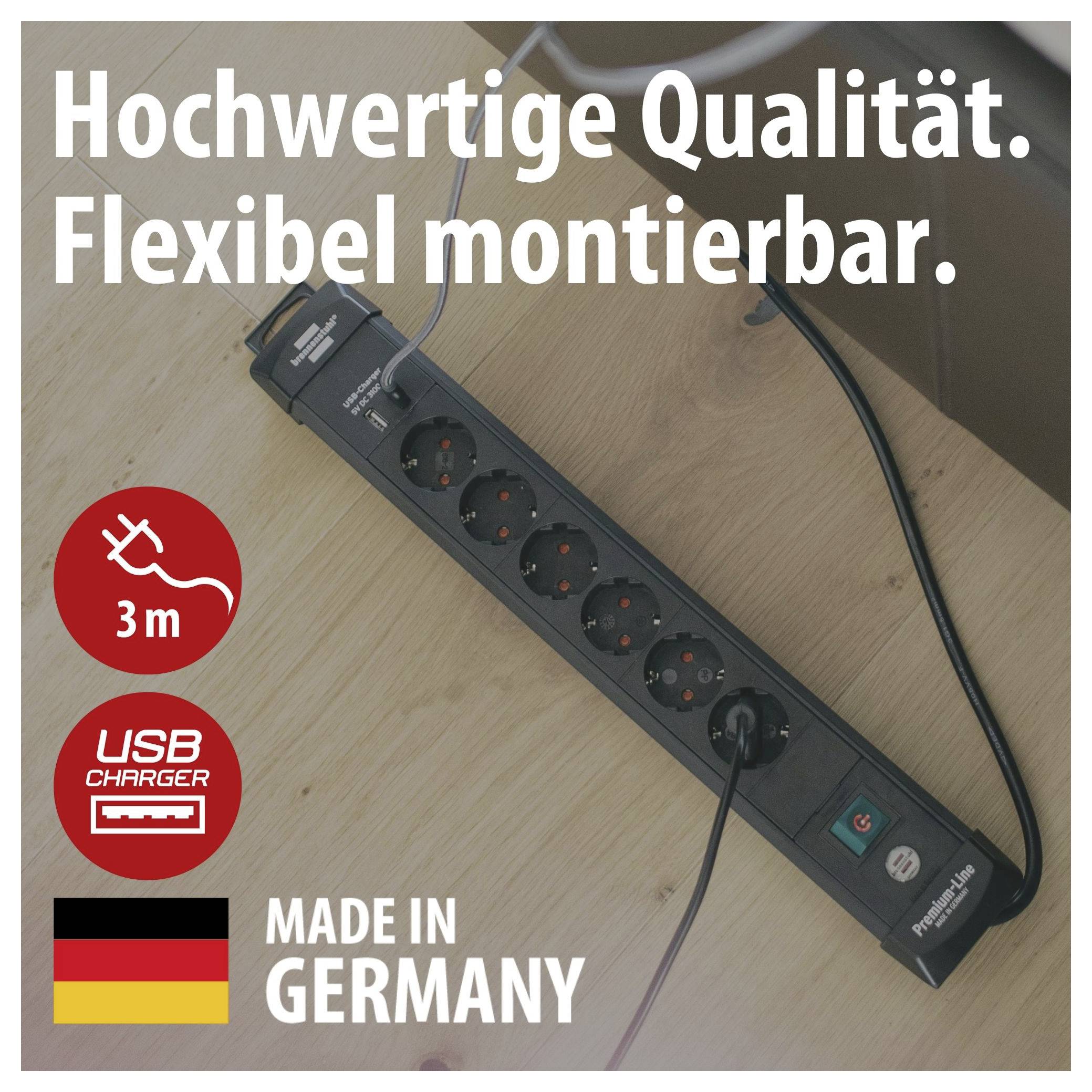 Steckdosenleiste mit USB-Ladefunktion auf Holzoberfläche; Text: 'Hochwertige Qualität. Flexibel montierbar.' sowie '3 m' und 'Made in Germany'.