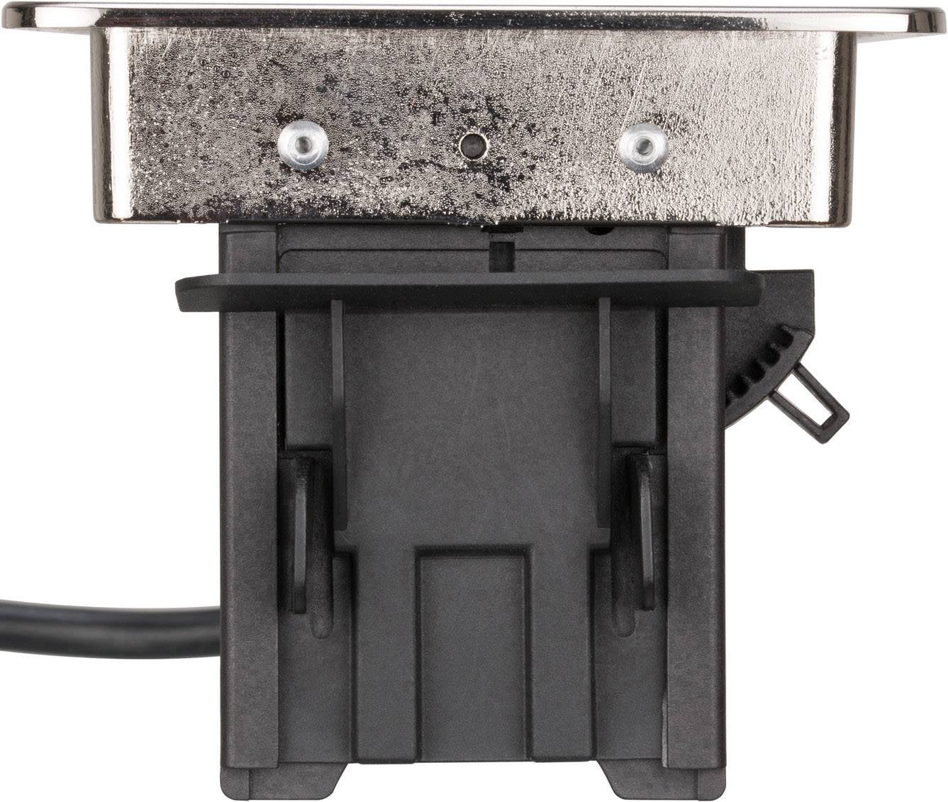 Schwarz-graue technische Vorrichtung mit Metallplatte und Kabel an der Seite, möglicherweise ein elektrischer Schalter oder Anschluss.