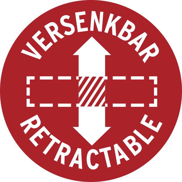 Rotes kreisförmiges Schild „VERSENKBAR EINZIEHBAR" mit einem vertikalen Doppelpfeil und gestricheltem horizontalen Balken, das eine einziehbare Sperre anzeigt.