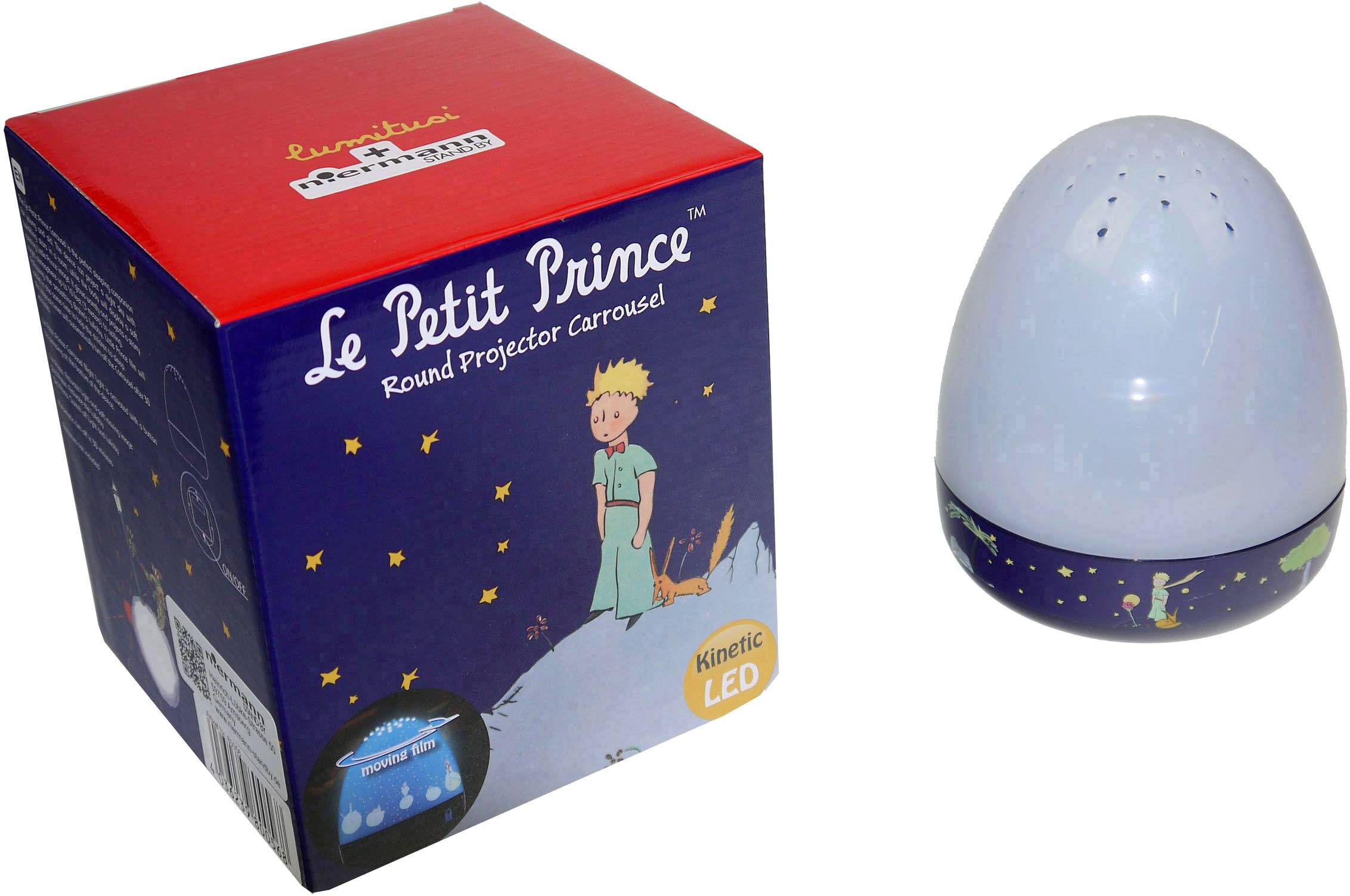 'Ei-förmiger Projektor mit Le Petit Prince Motiv. Verpackung mit ähnlichem Design zeigt den Titel und die Aufschrift "Kinetic LED".'