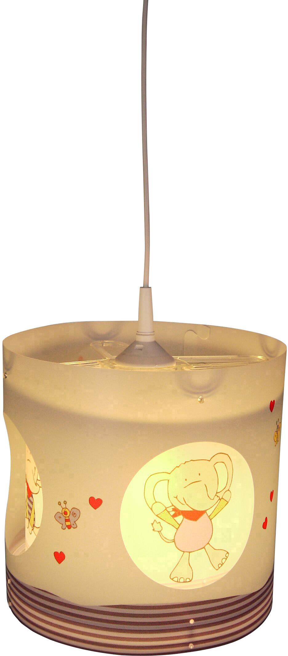 Runde Deckenlampe mit Tiermotiven, darunter ein Elefant, strahlt warmes Licht aus. Ideal für Kinderzimmerdekoration.