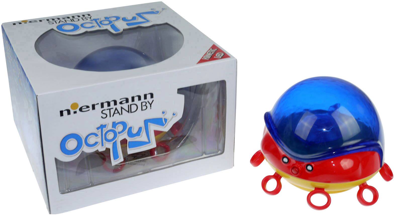 Ein Spielzeug mit rotem Unterteil, gelbem Rand und blauer Kuppel steht neben seiner Verpackung mit dem Text 'Octopus'.