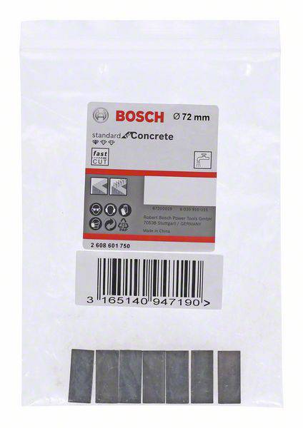 Eine Verpackung Beitel von Bosch für Beton, Durchmesser 72 mm, auf weißem Hintergrund. Enthält acht Beitel. Barcode und Herstellerinfos sichtbar.