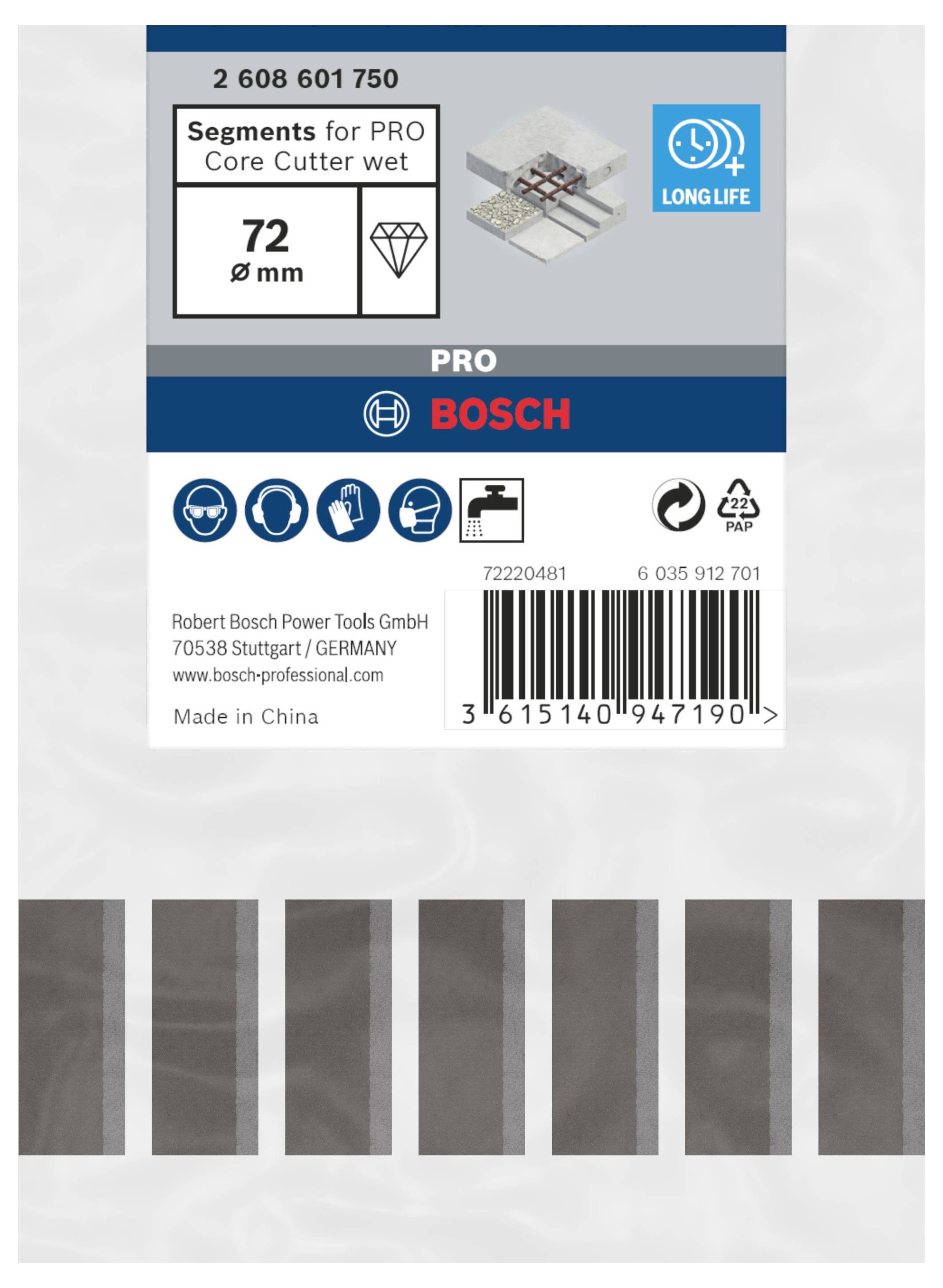 'Bosch Segments for PRO Core Cutter wet, 72 mm Durchmesser.' Langes Lebensdauer-Symbol oben rechts. 'Made in China' unten.