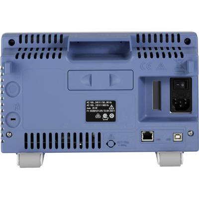 Rückansicht eines blauen elektronischen Geräts mit Stromanschluss, Netzschalter, USB- und Ethernet-Anschluss, sowie Lüftungsschlitzen.