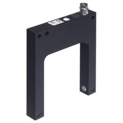 Ein schwarzer U-förmiger Sensor mit einem Anschluss oben. Verwendet in industriellen Anwendungen zur Erkennung von Objekten.