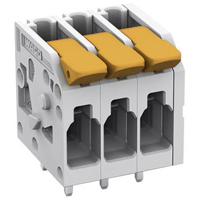 Eine elektrische Steckklemme mit vier orangefarbenen Hebeln zur sicheren Verbindung von Drähten in elektrischen Installationen.