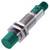 Ein zylindrischer Näherungssensor mit metallenem Gehäuse und grünem Kopf, geeignet für die Erkennung von Objekten in Maschinen.