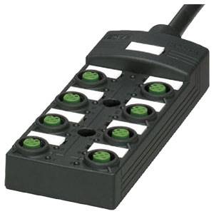 Schwarzes elektrisches Verteilergerät mit acht grünen Anschlüssen, symmetrisch angeordnet auf einem rechteckigen Gehäuse.