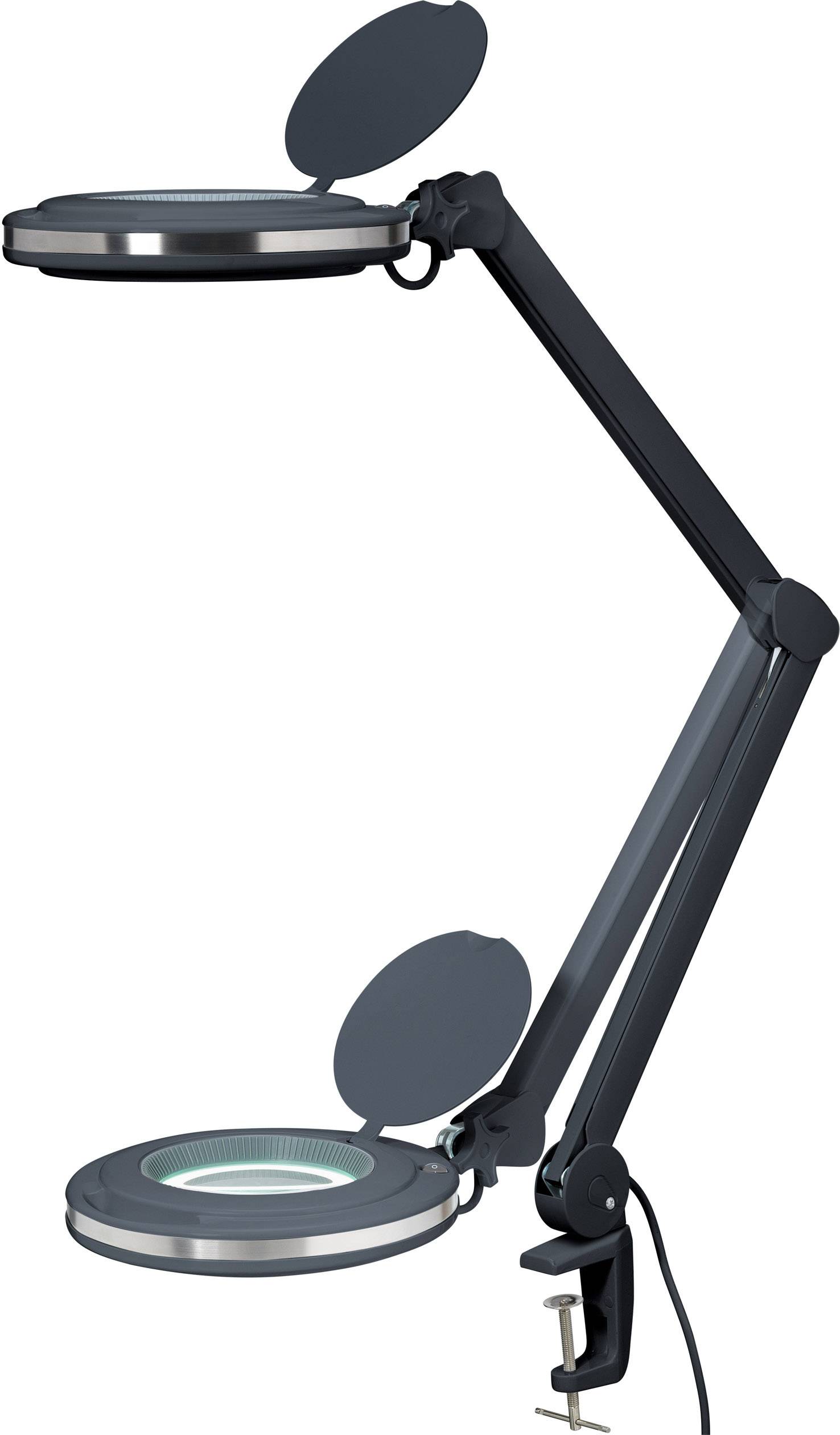 Eine schwarze Lupenlampe mit Gelenkarm und Tischklemme.