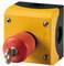 Ein gelbes und schwarzes Not-Aus-Modul mit rotem Drehknopf und Schlüssel, zur Sicherheitsabschaltung von Maschinen.