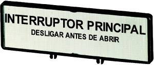 Ein Schild mit der Aufschrift 'INTERRUPTOR PRINCIPAL - DESLIGAR ANTES DE ABRIR', was bedeutet, dass der Hauptschalter vor dem Öffnen ausgeschaltet werden muss.