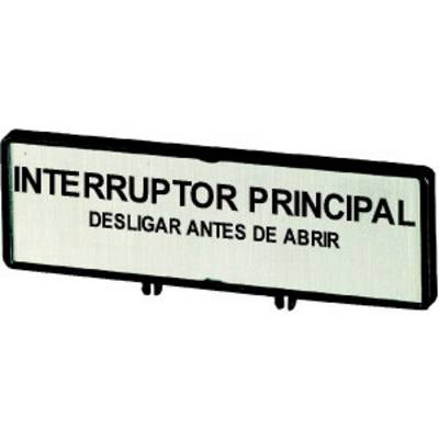 Ein Schild mit der Aufschrift 'INTERRUPTOR PRINCIPAL - DESLIGAR ANTES DE ABRIR', was bedeutet, dass der Hauptschalter vor dem Öffnen ausgeschaltet werden muss.